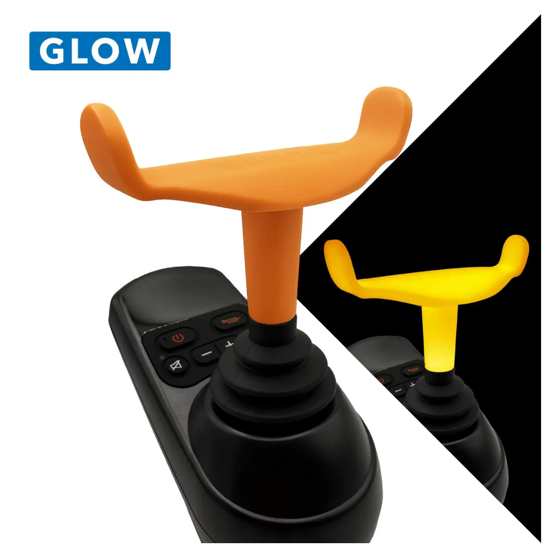 The ComfyGo Ergonomic U-Shaped Joystick Handle with Flex Shaft for powerchairs features an orange, glow-in-the-dark handle, shown illuminated on the right side of the image.